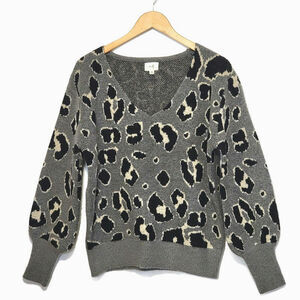 Anthropologie En Elly Leopard Print Sweater V Neck Black Gray Cozy Soft Size M